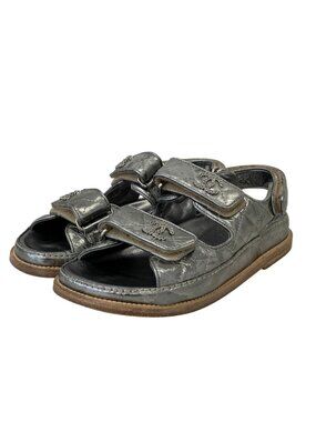 Chanel CC Logo Leather Quilted All Pattern Sports Sandals c Silver 35